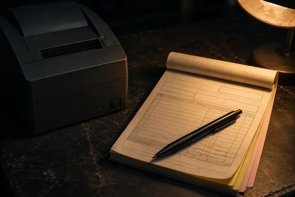 Sobre un mostrador oscuro, una impresora fiscal apagada junto a un talonario de facturas de formato libre con un bolígrafo encima, listo como respaldo cuando la máquina falla
