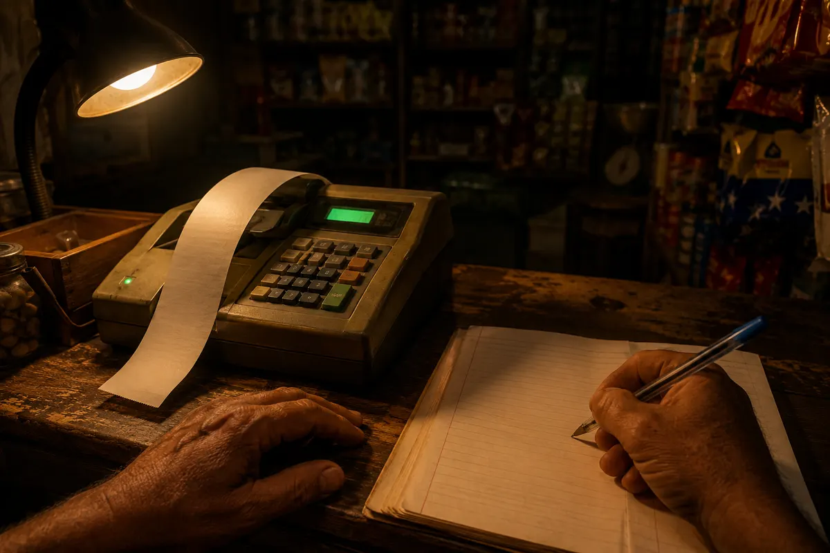 Mostrador de un comercio venezolano al cierre del día, con una caja registradora fiscal imprimiendo el reporte del día y el dueño revisando cuentas