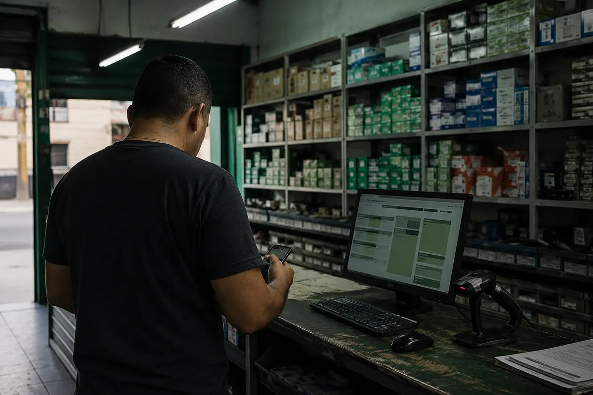 Trabajador de espaldas cuenta mercancía con su teléfono en una tienda mayorista, frente a un mostrador con el sistema de inventario en pantalla