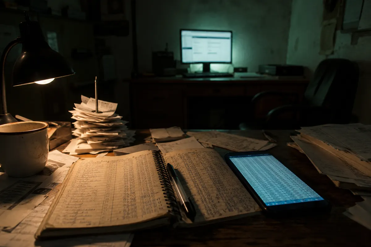 Trastienda de noche: en primer plano, iluminado por una lámpara, un cuaderno manuscrito de ventas y un teléfono con una hoja de cálculo; al fondo, desenfocado, el sistema oficial corriendo en un monitor frente a una silla vacía