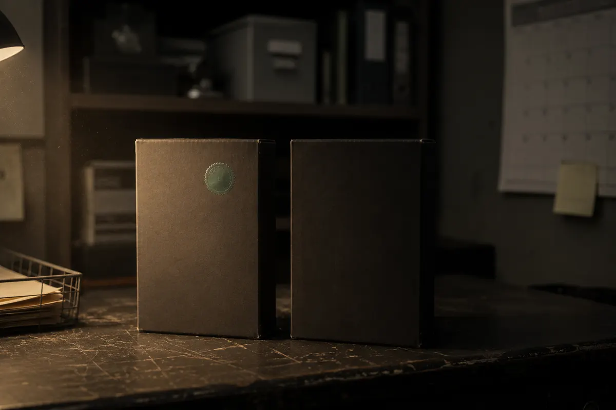 Dos cajas de software idénticas sobre un mostrador oscuro: la de la izquierda, iluminada, lleva un pequeño sello; la de la derecha, sin sello, queda en penumbra