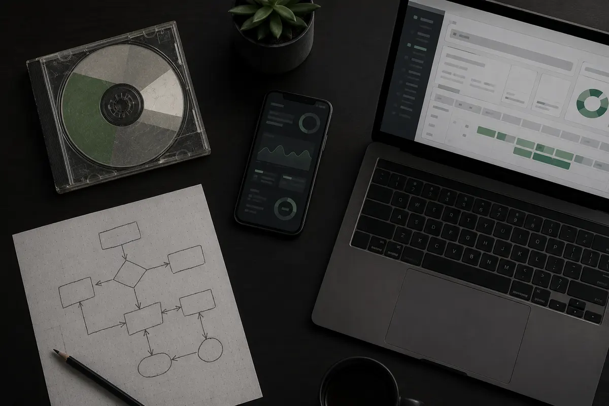 Vista cenital de un escritorio con cuatro caminos posibles: un CD de instalación antiguo, un teléfono con una app en la nube, una laptop con un ERP y un diagrama de flujo dibujado a lápiz