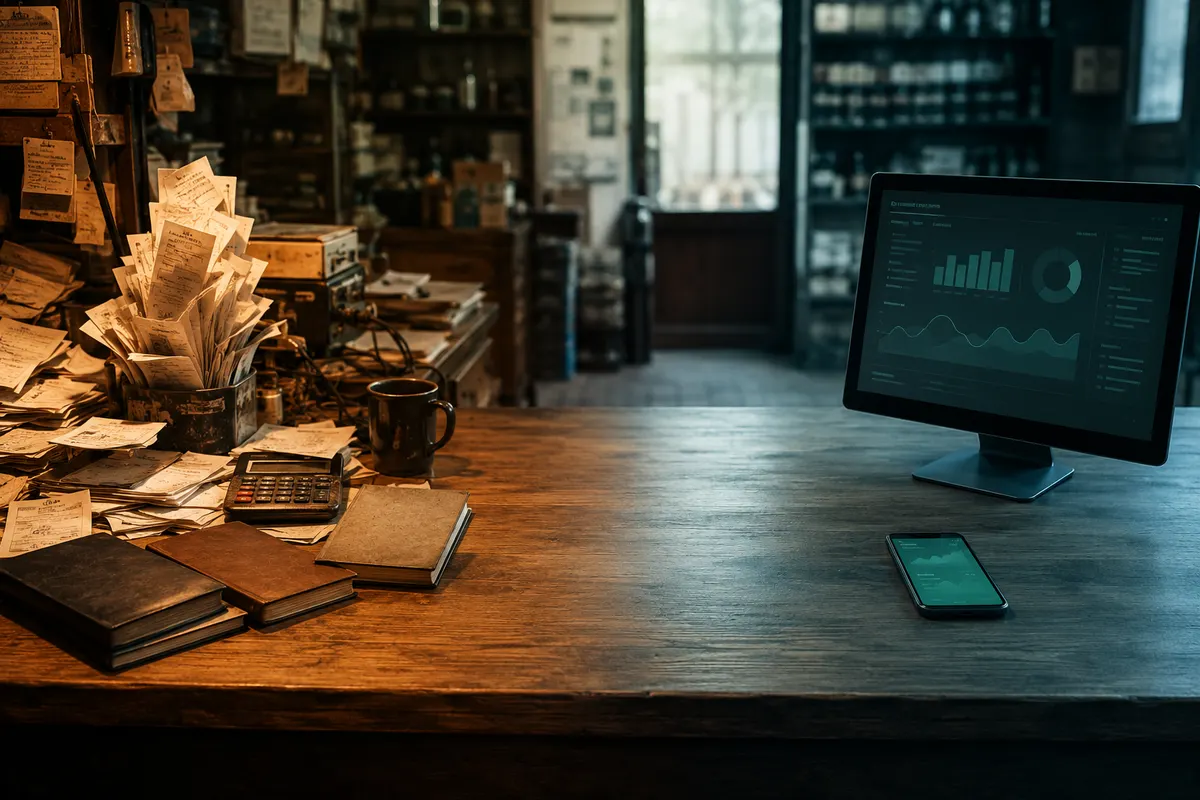 El mismo mostrador de un comercio en una sola toma: a la izquierda, montañas de facturas, cuadernos y una calculadora; a la derecha, la misma madera despejada con una pantalla de gestión y un teléfono