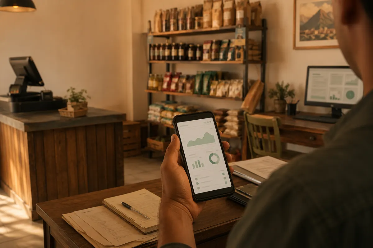 Dueño de un negocio, de espaldas, revisa desde su teléfono un panel con gráficos de gestión, mientras al fondo conviven el estante de inventario, la caja y un escritorio con reportes