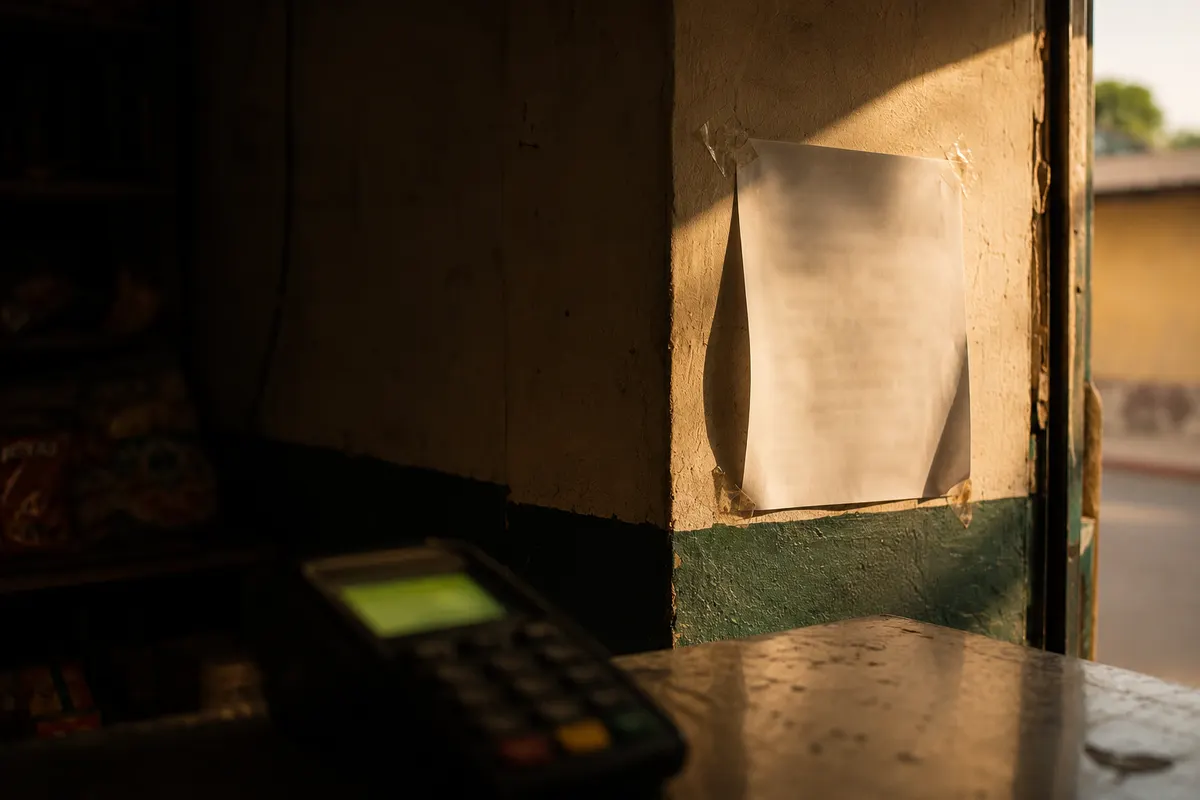Aviso fiscal impreso, recién pegado con cinta en la pared de un comercio junto a la caja, bajo la luz de la tarde