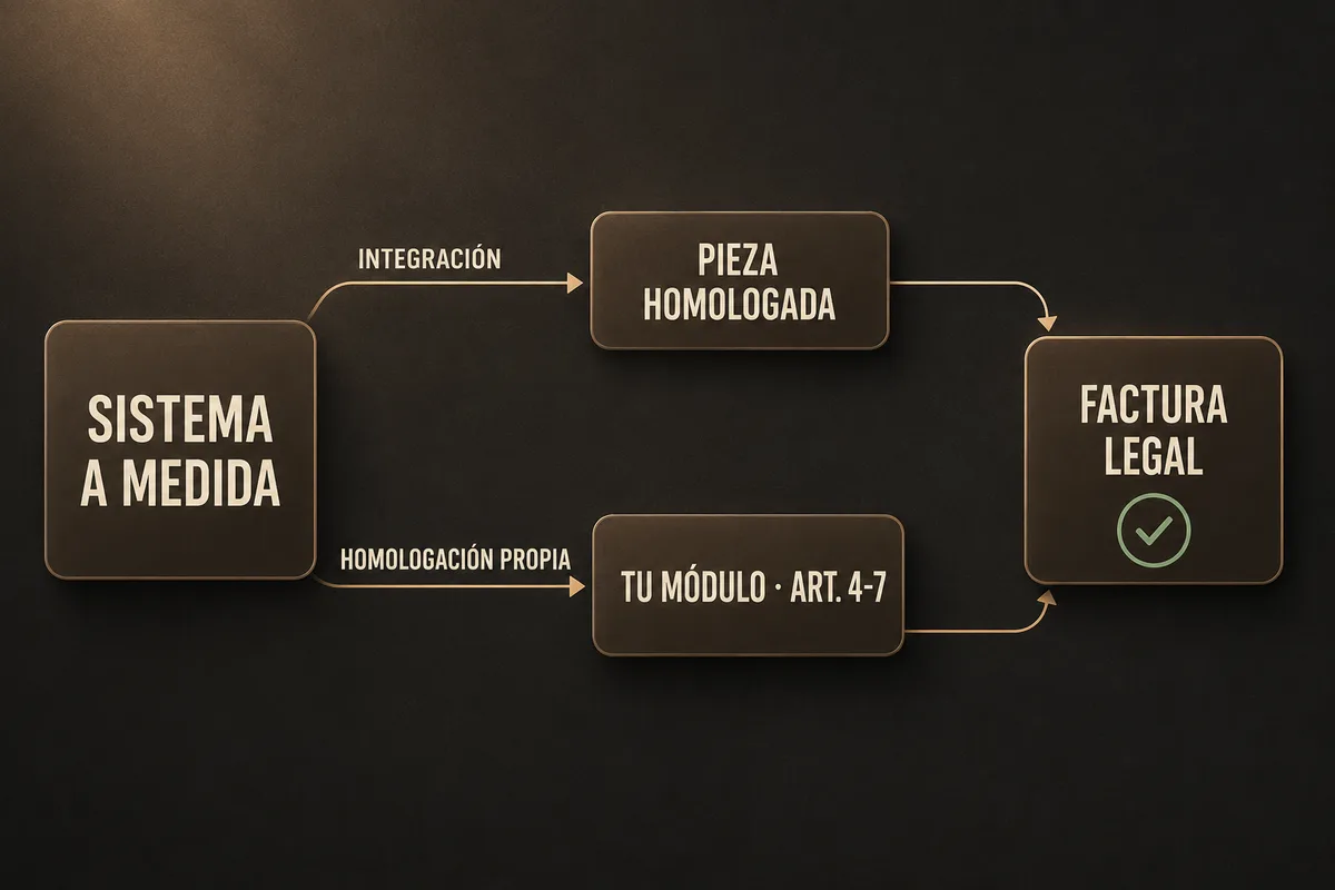 Diagrama: un sistema a medida llega a una factura legal por dos caminos, integrándose con una pieza ya homologada o homologando su propio módulo según los artículos 4 al 7