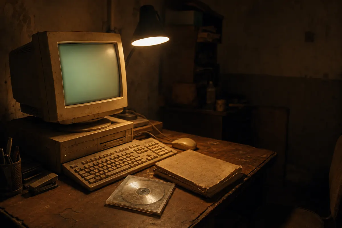 Computadora antigua encendida con un programa administrativo abierto, junto a un CD sin etiqueta y un manual desgastado sobre un escritorio empolvado